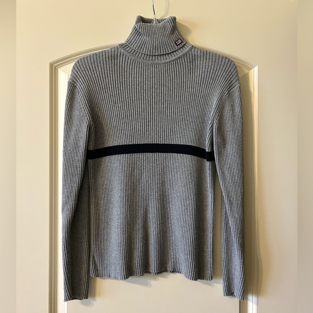 Ralph Lauren Gray & Black Ribbed Striped Cotton Long Sleeve Sweater